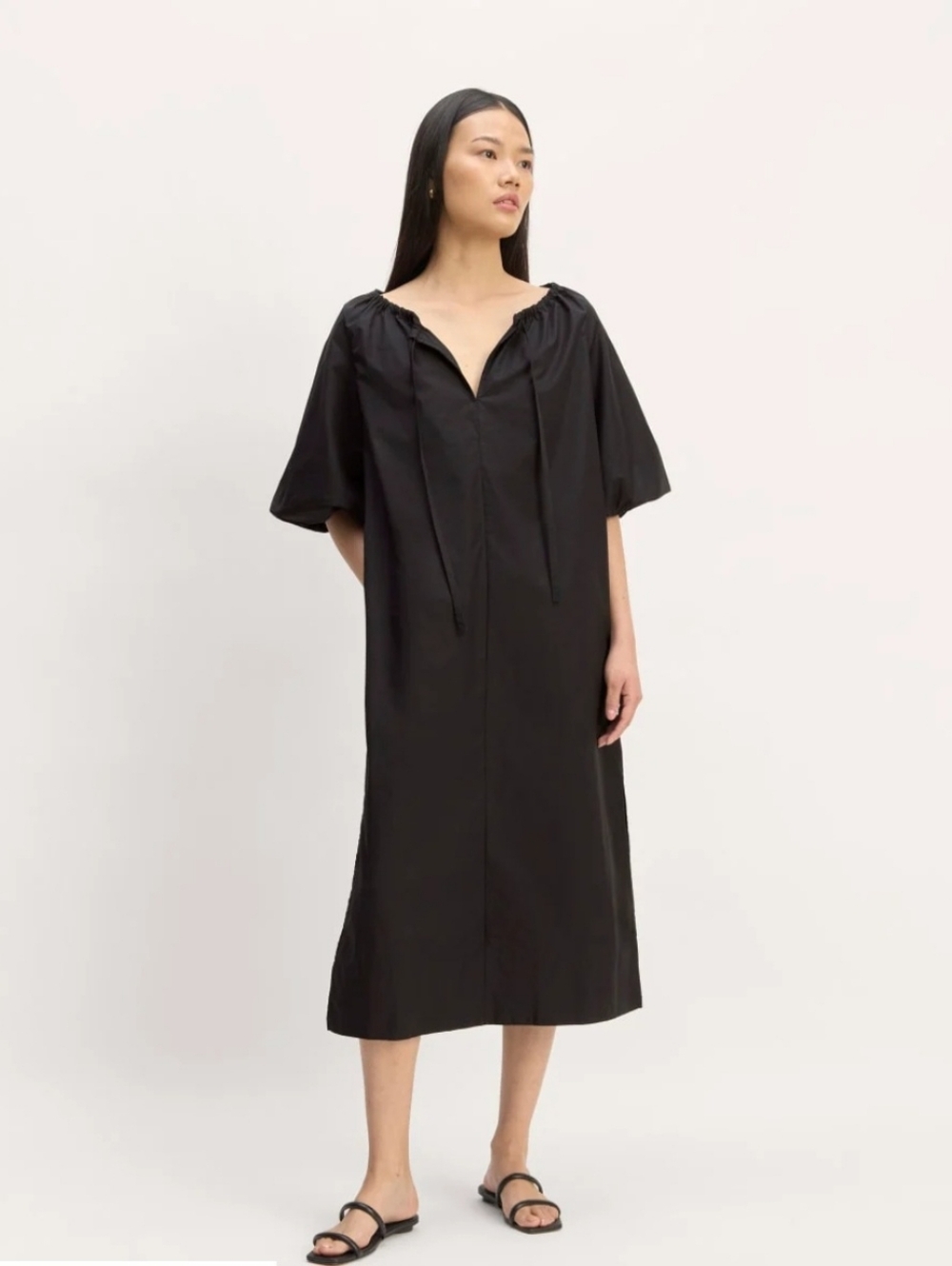 EVERLANE Simple Black Midi Tie-Neck supima Dress, Size XS.